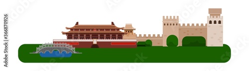 chinese palace and great wall. flat on background