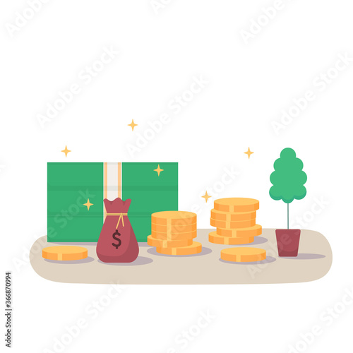A stack of banknotes, coins, a sack and a tree. The concept of money, monetary growth and stability. Cartoon flat vector illustration.