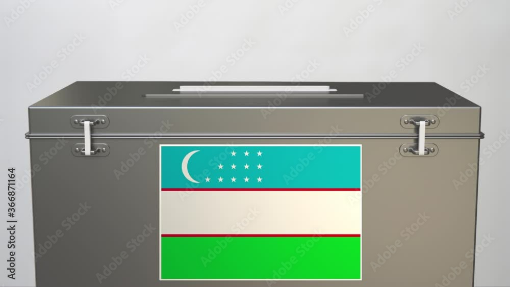Hand putting paper ballot into ballot box with flag of Uzbekistan. Election related clip Hand putting paper ballot into ballot box with flag of Uzbekistan. Election related clip