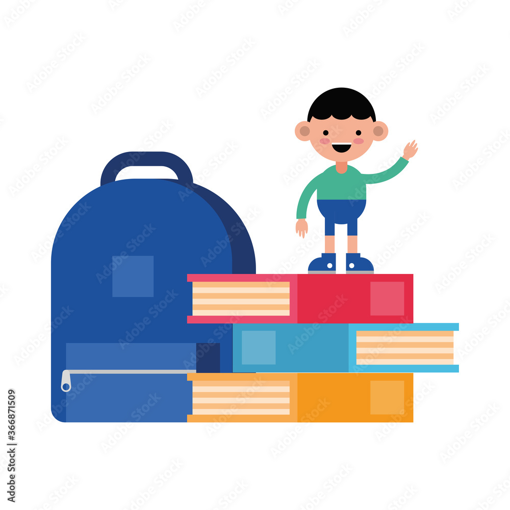 little student boy with books and schoolbag comic character