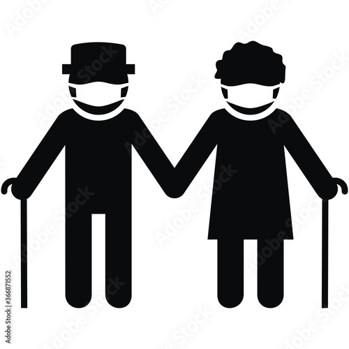 senior at mask, man and woman, masks, black silhouette, vector icon