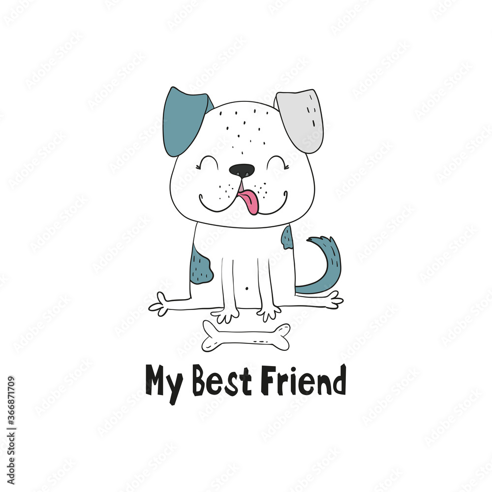 Vector illustration of a hand drawn funny fashionable dog. My best friend card. Vector print