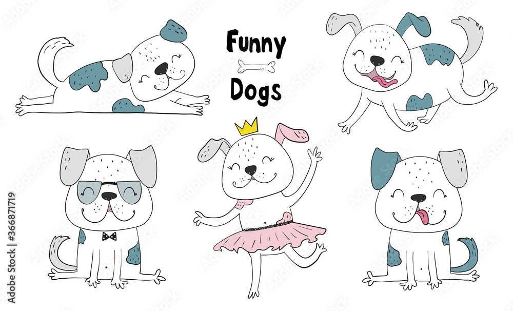 Vector print with cute funny fashionable dogs. Vector illustration. Set of dogs.