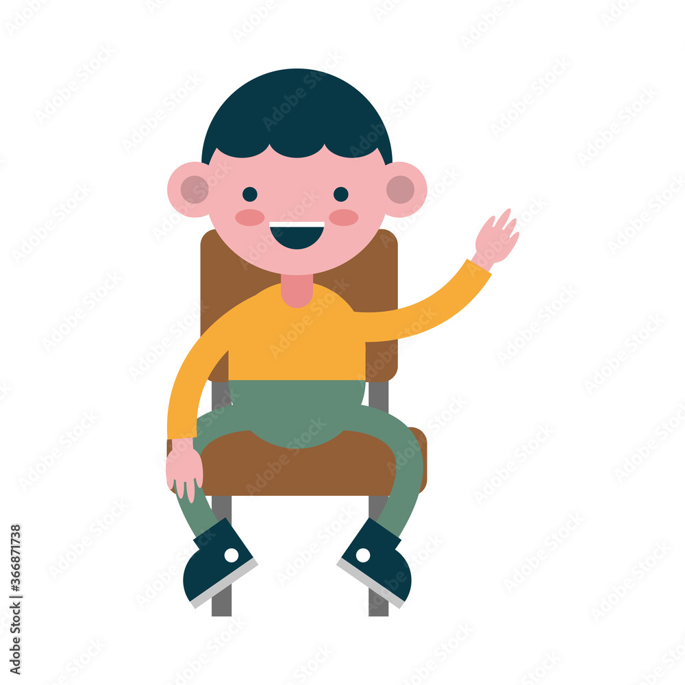 little student boy seated in school chair comic character little student boy seated in school chair comic character