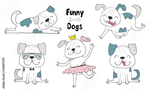 Fototapeta Naklejka Na Ścianę i Meble -  Vector print with cute funny fashionable dogs. Vector illustration. Set of dogs.
