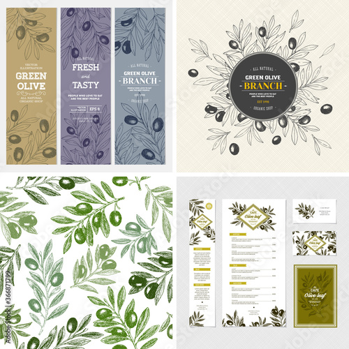 Olive design templates. Composition, seamless pattern, branding, banners. Vector illustration