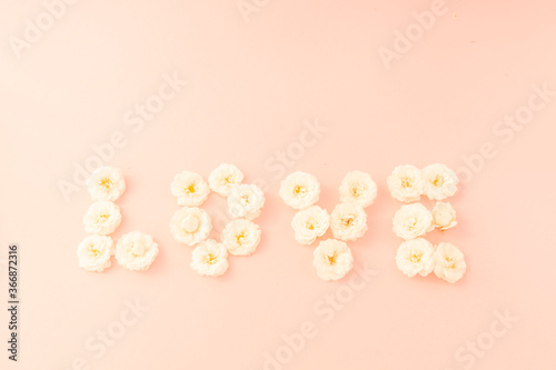 Flowers composition. The word LOVE is made of small white roses on a pink background. Mother's day, Valentine's day, birthday, spring, summer concept. Flat lay, top view, copy space © Alena