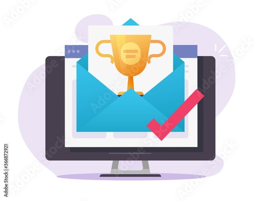Online web gift award email received on computer pc vector or digital mail winner internet prize achievement, victory golden cup trophy, electronic championship competition, contest win