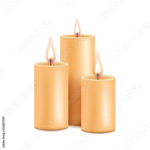 Group burning candles from paraffin wax, realistic vector illustration isolated.