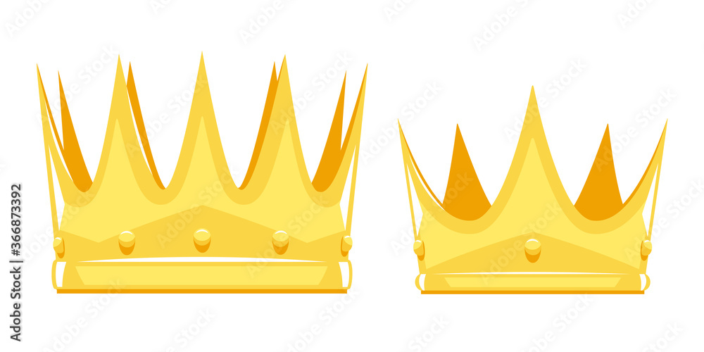 Set of two golden crowns for King and Queen with sharp edges in sample