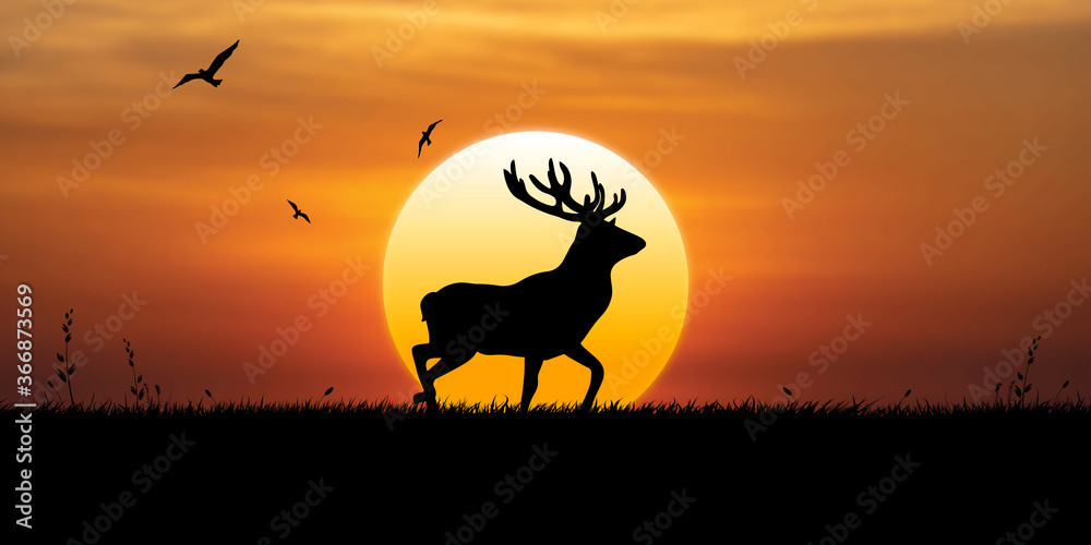 Naklejka premium Deer walks at sunset, birds fly in the sky
