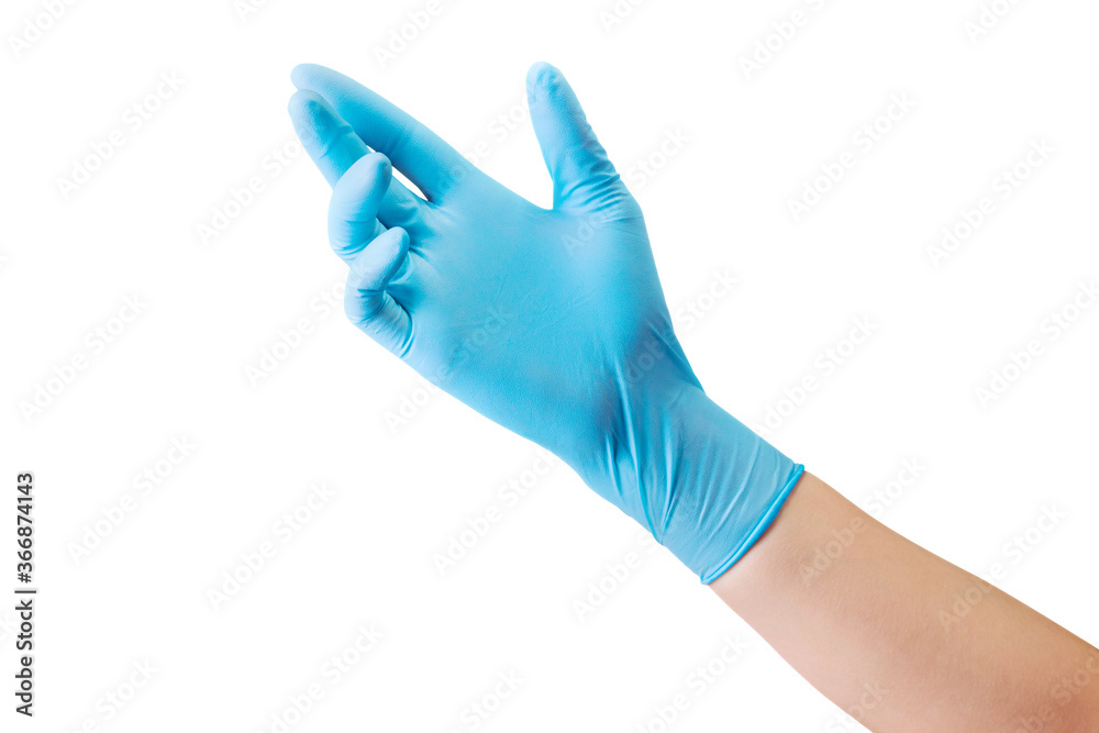 Doctor's hand in medical gloves showing palm isolated on white Doctor's hand in medical gloves showing palm isolated on white