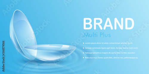 Contact lens brand ad banner - blue poster of clear lenses in water