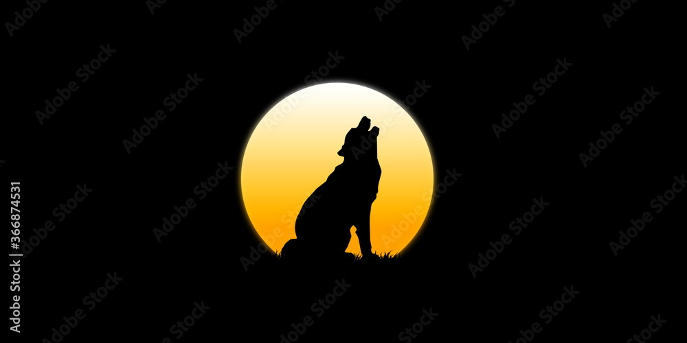 The wolf howls in the moonlight at dusk