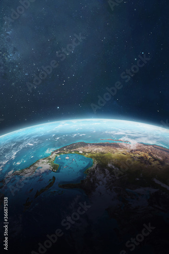 Vertical wallpaper of Earth planet surface in space. Blue ocean and green continent. Fantasy world. Stars and deep space. Elements of this image furnished by NASA