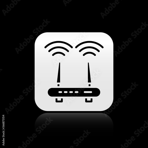 Black Router and wi-fi signal icon isolated on black background. Wireless ethernet modem router. Computer technology internet. Silver square button. Vector.