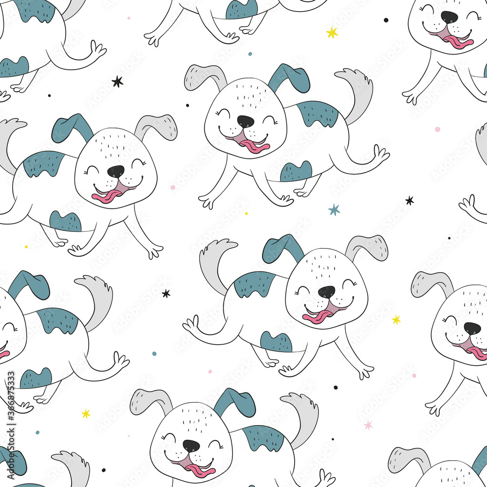 Seamless pattern with dog. Vector print with cute funny fashionable dogs. Vector illustration.