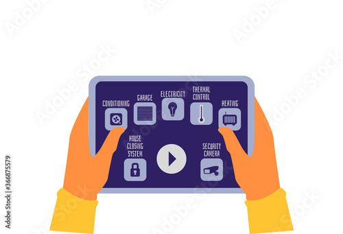 Smart house control app interface on tablet screen, hands holding device