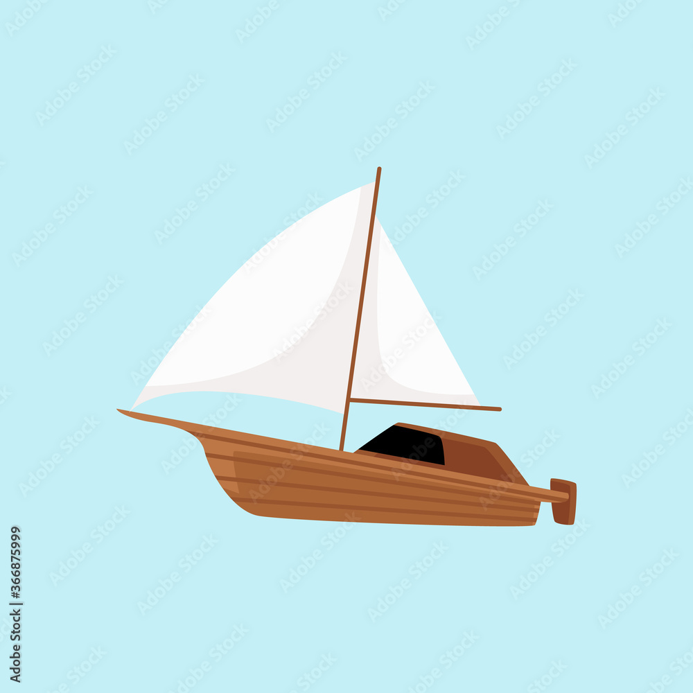 Wooden sailboat with outboard engine - motorboat with white sails i
