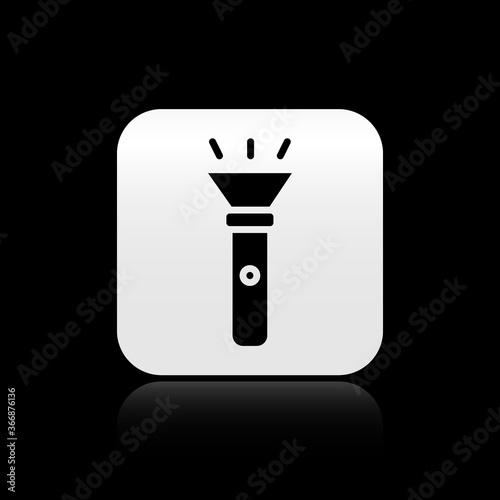 Black Flashlight icon isolated on black background. Silver square button. Vector.