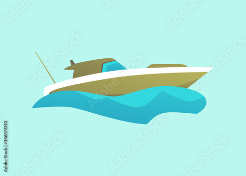 Green isolated motorboat riding blue water wave, modern speed boat