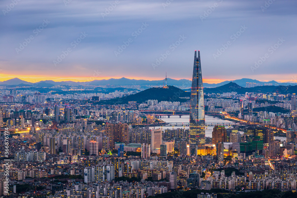 Seoul City skyline and downtown and skyscraper at night  is The best view and beautiful of South Korea at Namhansanseong mountain.