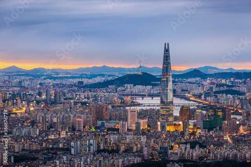 Canvas Print Seoul City skyline and downtown and skyscraper at night  is The best view and beautiful of South Korea at Namhansanseong mountain