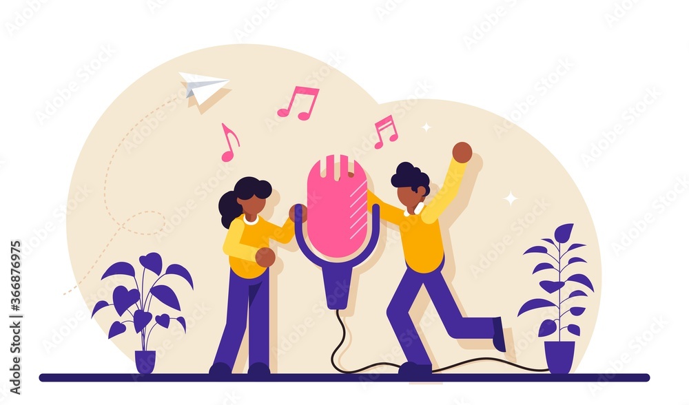Sound record concept. Group of people standing near microphone and sing a song. Modern flat illustration. Sound record concept. Group of people standing near microphone and sing a song. Modern flat illustration.