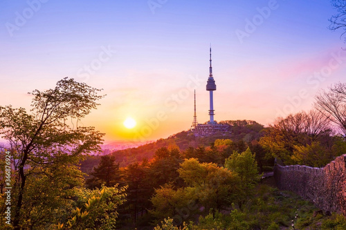 Photography Seoul tower in sunset and old wall on namsan mountain, south korea