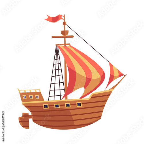 Old wooden sea ship with sails or sailboat flat vector illustration isolated.