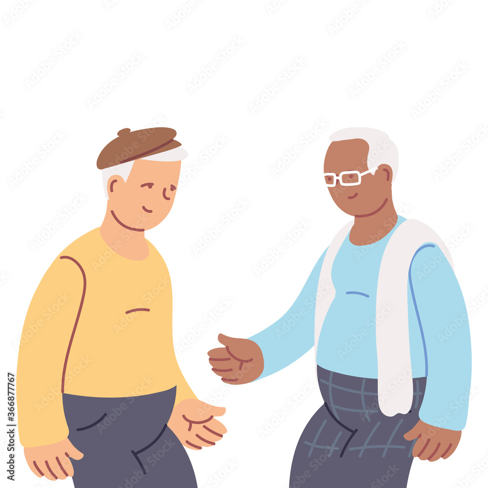 cartoon elderly grandparents smiling and sharing