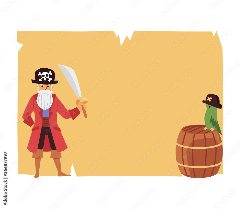 Treasure map background with old pirate and parrot, flat vector ...