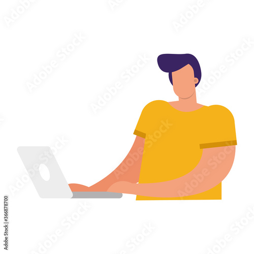 young man using laptop connecting technology character