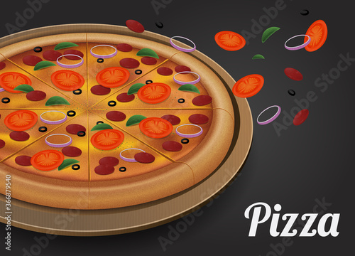 Pizza vector on the board and the ingredients for the pizza bounce off. gray background. realistic style vector illustration..