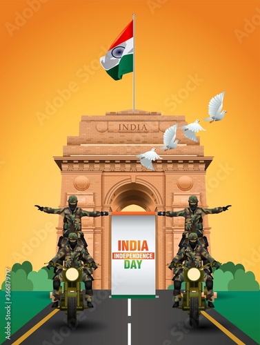 soldiers ride with india independence day banner. 15 august happy independence day. vector illustration