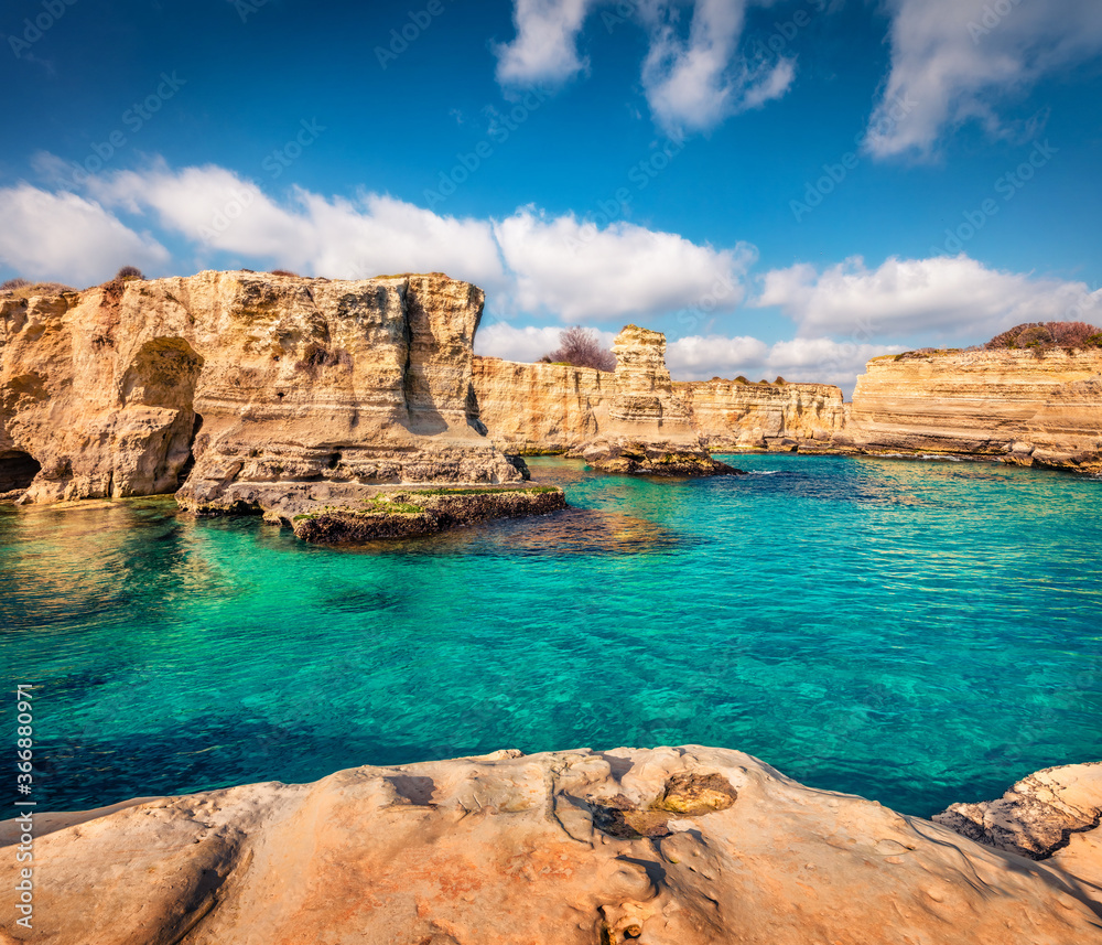 Incredible summer view of popular tourist attraction - Torre Sant'Andrea. Exotic morning seascape of Adriatic sea, Torre Sant'Andrea village location, Apulia region, Italy, Europe.