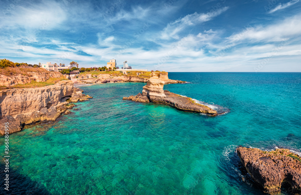 Magnificent spring view of popular tourist attraction - Torre Sant'Andrea. Captivating morning seascape of Adriatic sea, Torre Sant'Andrea village location, Apulia region, Italy, Europe.