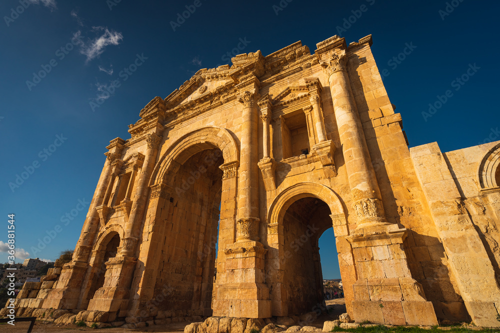 Gate of Hadrian in ruin and ancient city of Roman empire  in Jordanian city of Jerash, Jordan, Arab