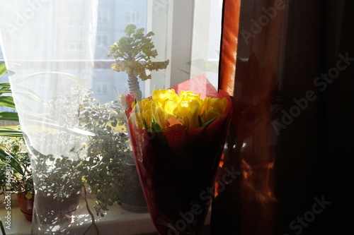 A bouquet of tulips is waiting for its release at the wedding of the bride and groom. Today.