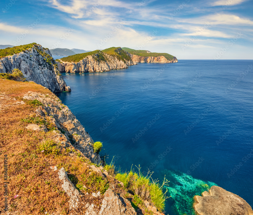 Attractive morning seascape of Ionian Sea. Aerial spring view of the west coast of Lefkada island, Greece, Europe. Beauty of nature concept background. Attractive morning seascape of Ionian Sea. Aerial spring view of the west coast of Lefkada island, Greece, Europe. Beauty of nature concept background.