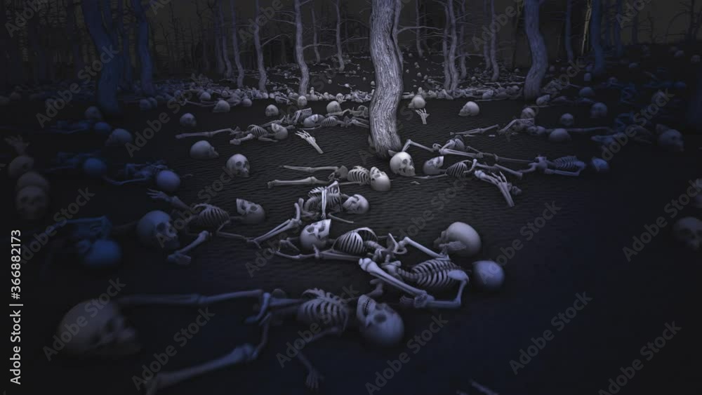 Seamless animation flying over a cemetery at night with trees, tomb stones, skulls and skeletons.  Spooky Halloween backdrop in a videogame style.