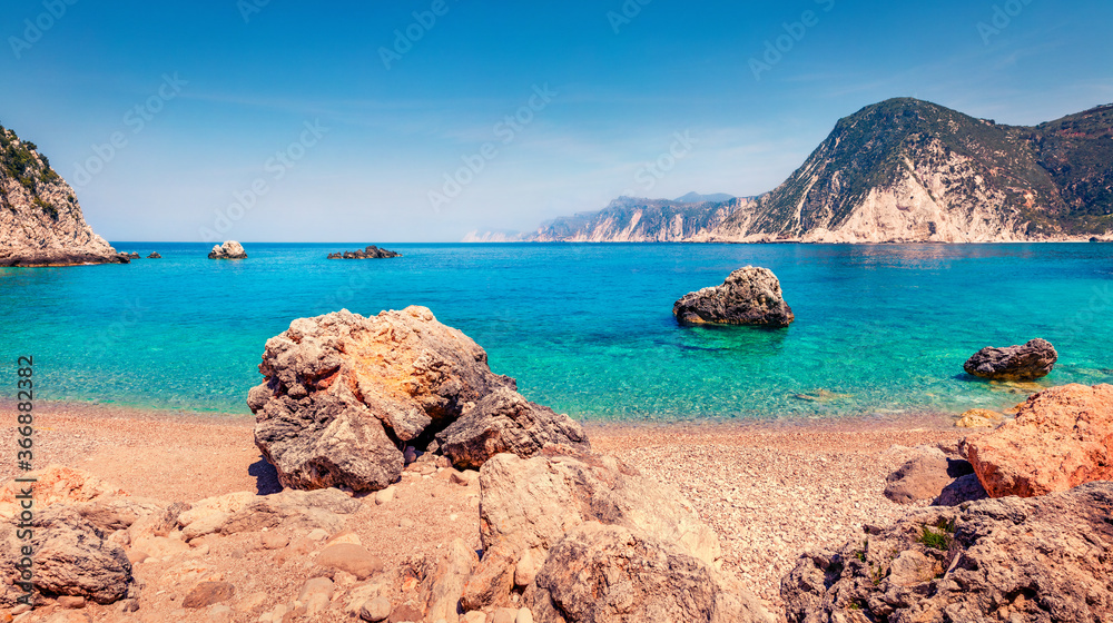 Fabulous summer view of Agia Eleni beach. Superb morning seascape of Mediterranean Sea. Bright outdoor scene of Kefalonia island, Greece, Europe. Traveling on Ionian Islands.