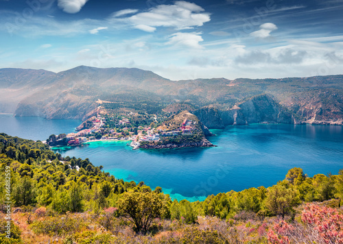 Incredible morning cityscape of Asos village on the west coast of the island of Cephalonia, Greece, Europe. Bright summer sescape of Ionian Sea. Traveling concept background.