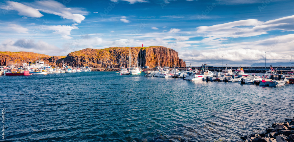 Panoramic summer view of port of Stykkisholmur town. Captivating morning scene of west Iceland, Europe. Traveling concept background.
