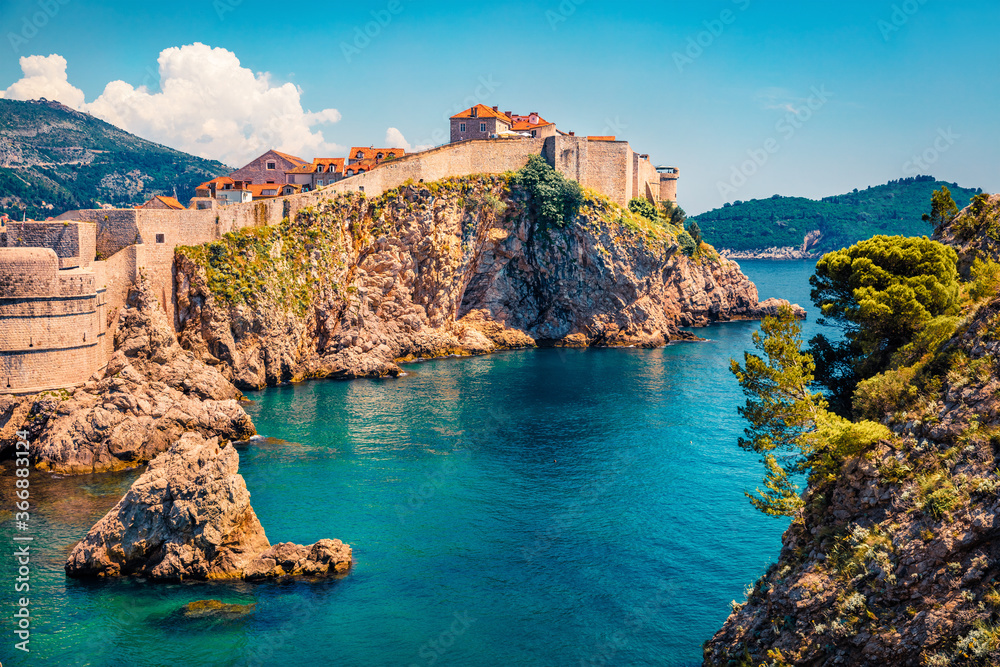 Exciting morning view of famous Fort Bokar in city of Dubrovnik. Sunny summer scene of Croatia, Europe. Beautiful world of Mediterranean countries. Bright Adriatic seascape.