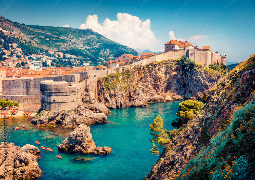 Incredible morning view of famous Fort Bokar in city of Dubrovnik. Spectacular summer scene of Croatia, Europe. Beautiful world of Mediterranean countries. Traveling concept background.