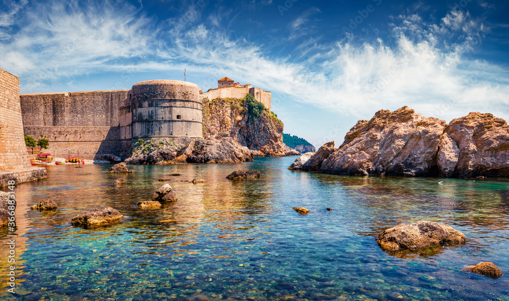 Spectacular morning view of famous Fort Bokar in city of Dubrovnik. Magnificent summer seascape of Adriatic sea, Croatia. Beautiful world of Mediterranean countries. Traveling concept background.