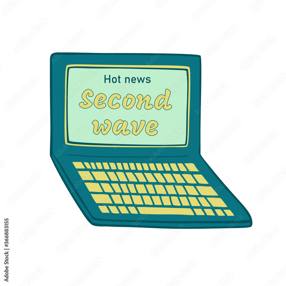 Second wave banner on green laptop with yellow keyboard vector illustration. Open notebook front view and coronavirus warning on green background. Text on the pc. Electronic device in vintage style Second wave banner on green laptop with yellow keyboard vector illustration. Open notebook front view and coronavirus warning on green background. Text on the pc. Electronic device in vintage style