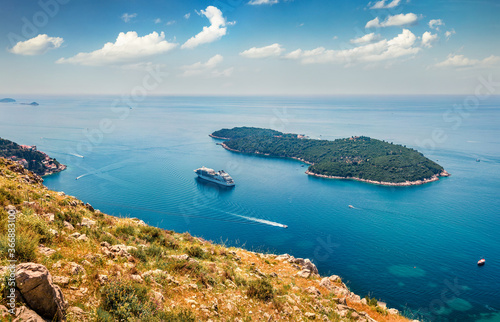 Colorful summer seascape of Adriatic sea. Aerial morning view of Lokrum island from Dubrava Observation Point, Croatia, Europe. Beautiful world of of scene Mediterranean countries. photo