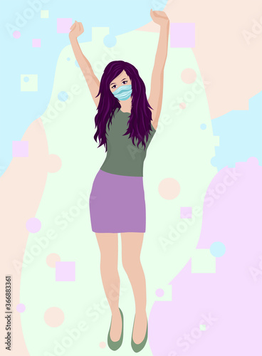 Vector of a business woman with hands up in the air and medic mask in the new normal Covid-19 era. Dark haired lady with mask in t-shirt and skirt. Go to work concept during new normal life. Wear mask